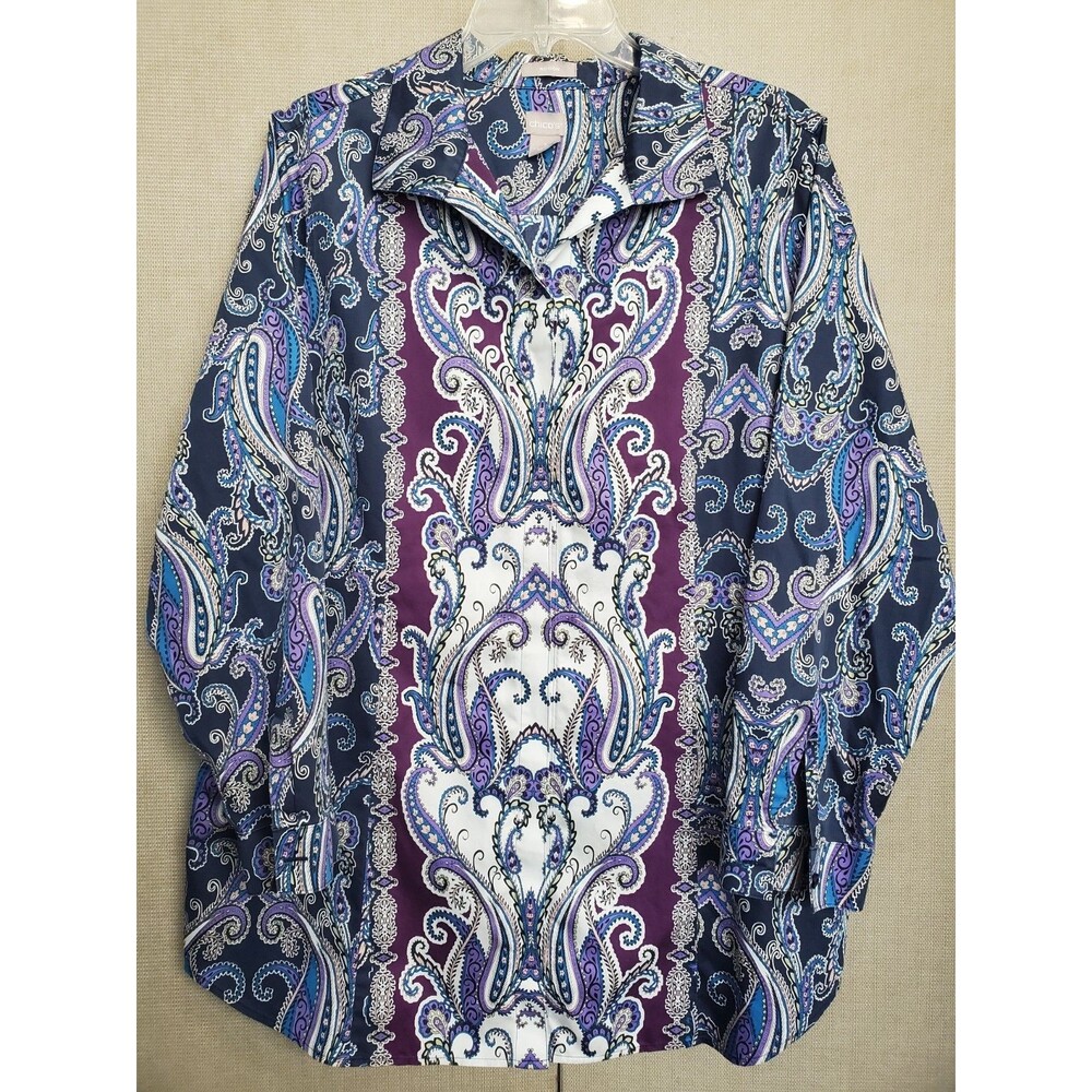 Chico's Multicolor Paisley No Iron Long Sleeve Button-Up Tunic Size 3 (XL) Boho